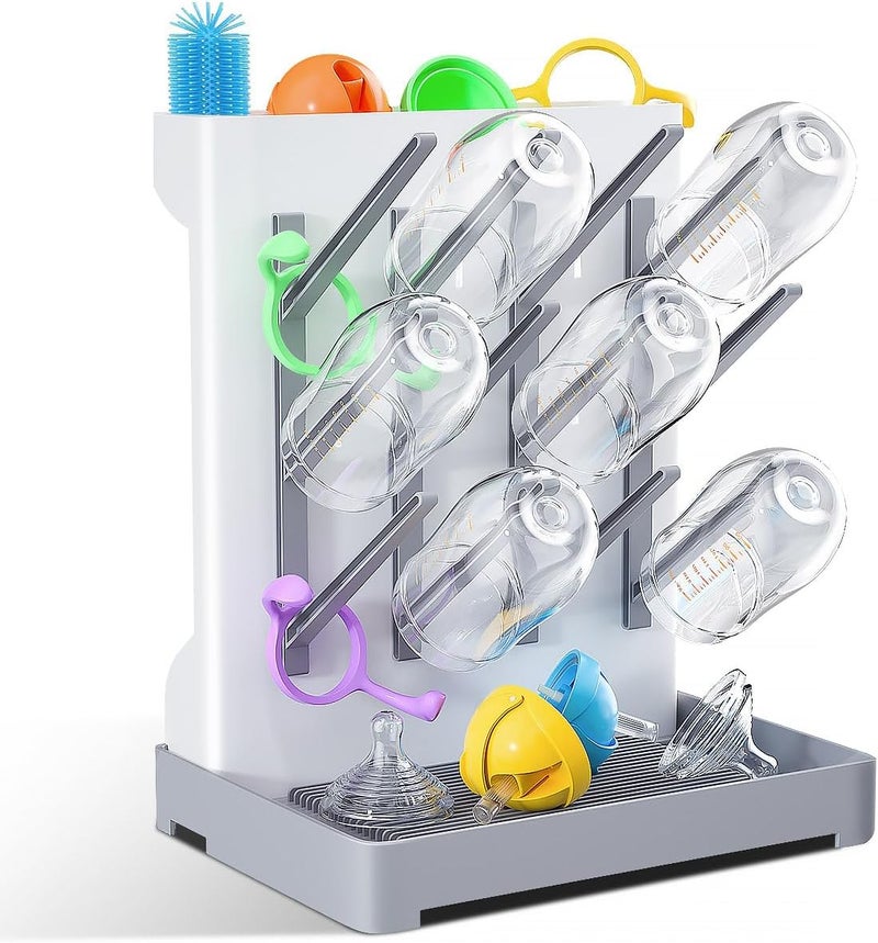 WLMALL Baby Bottle Drying Rack: Vertical Space Saving Large Bottles Holder - Standing Boon Dryer Rack Baby Accessory - Countertop Holds Up to 12 Bottles & Pump Part Cleaning & Cup (Blue) (Gray) - Image 1